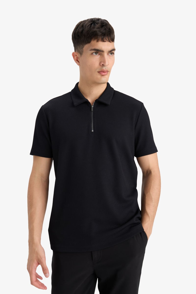 DeFacto Black Man Regular Fit Half Zip Pleated Polo T-Shirt Casual - Image 4